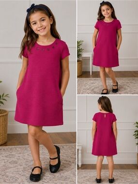 Girls' Magenta Short-Sleeve A-Line Dress with Embellished Neckline